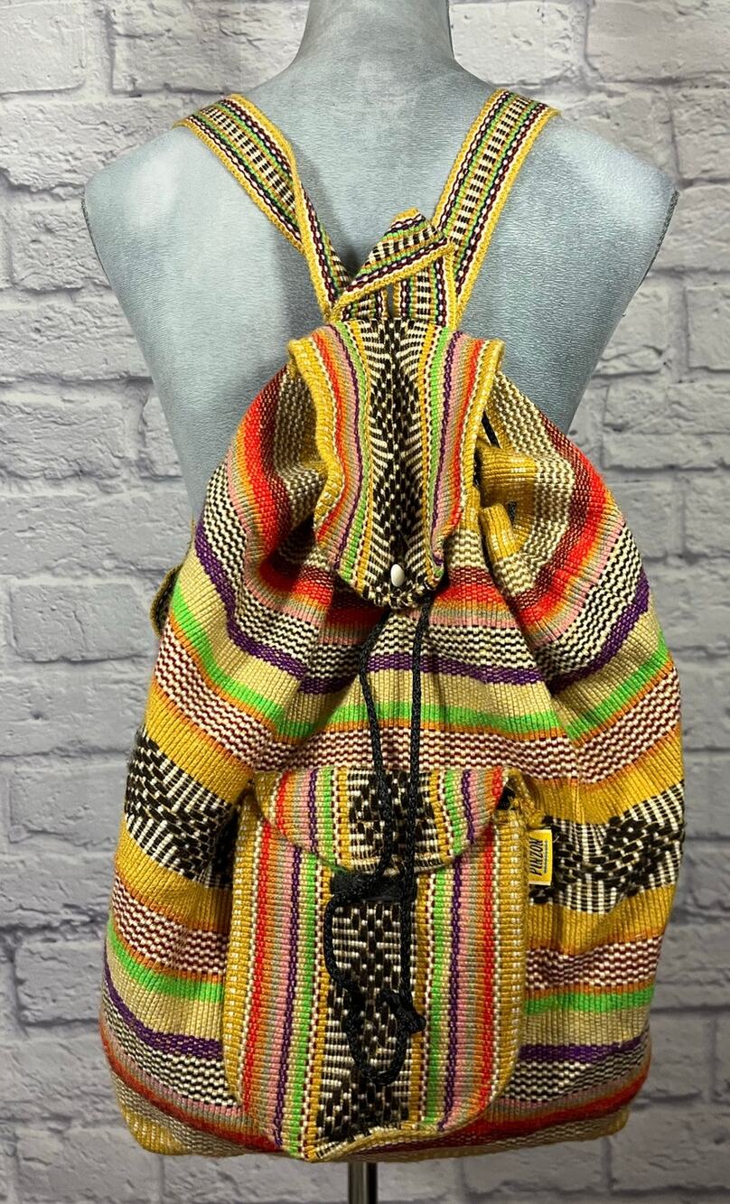 Funky Boho Striped Earthy Rustic Woven Drawstring Backpack